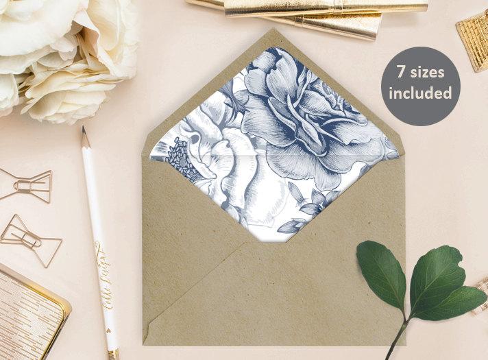 Hochzeit - Envelope Liner Template (Katrin) - Instant Download - Blue flowers, DIY Printable