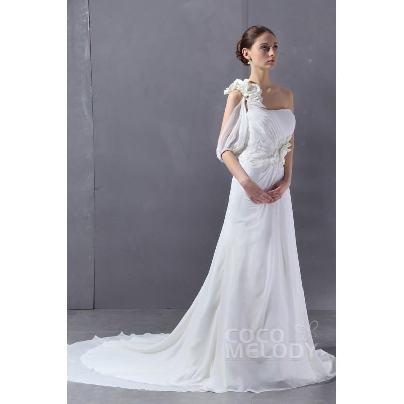 Hochzeit - Chic Sheath-Column One Shoulder Half Sleeve Chapel Train Chiffon Wedding Dress CWLT130AB - Top Designer Wedding Online-Shop