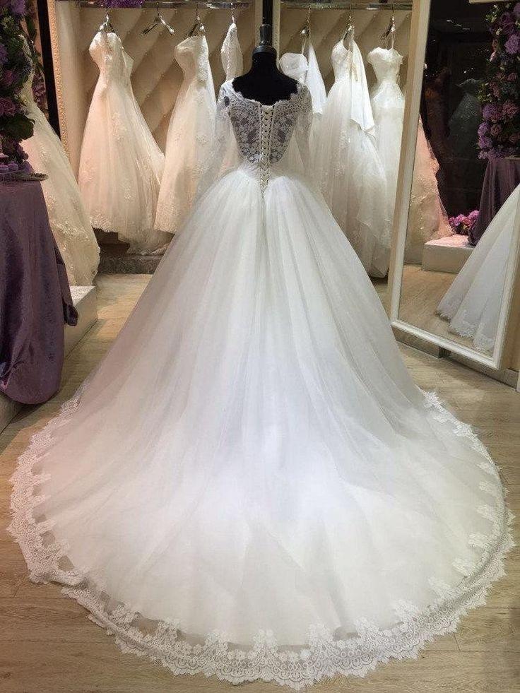 زفاف - Bateau Neck Long Illusion Sleeve Tulle Ball Gown With Lace Hemline-ET_711506