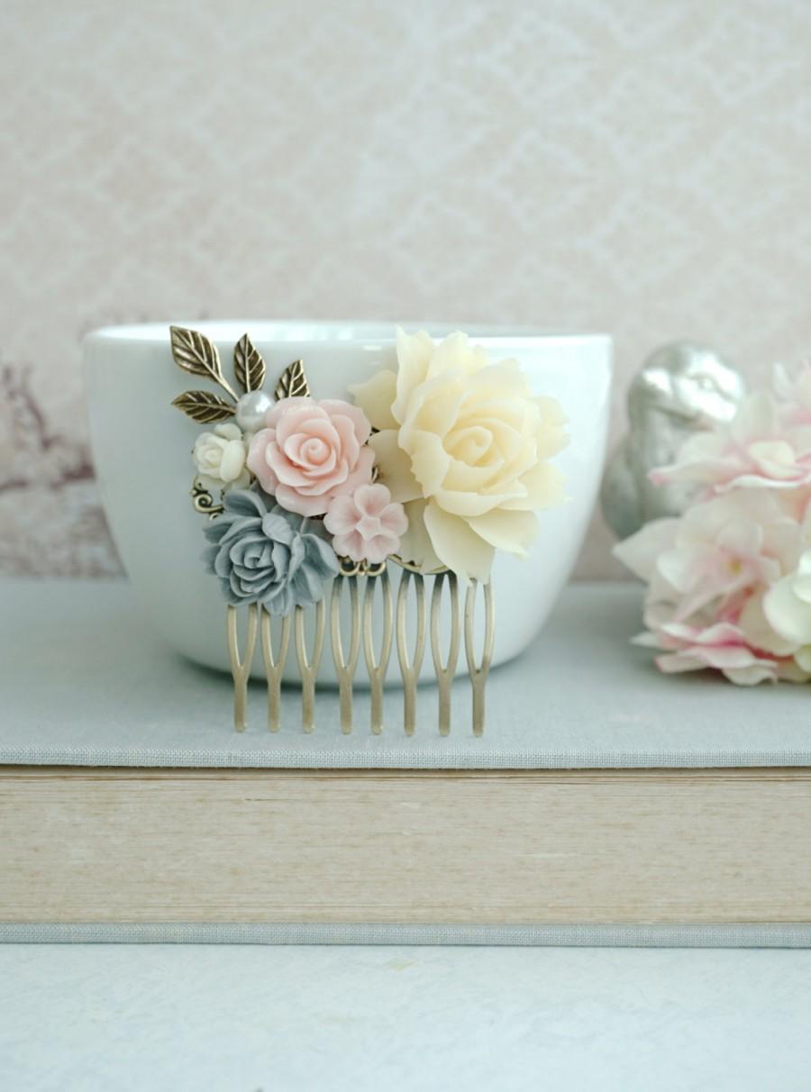 زفاف - Pink Grey Flower Comb Bridal Comb Wedding Comb Ivory Pink Grey Ivory Wedding Vintage Pink Rustic Comb, Wedding Floral Comb, Garden Wedding