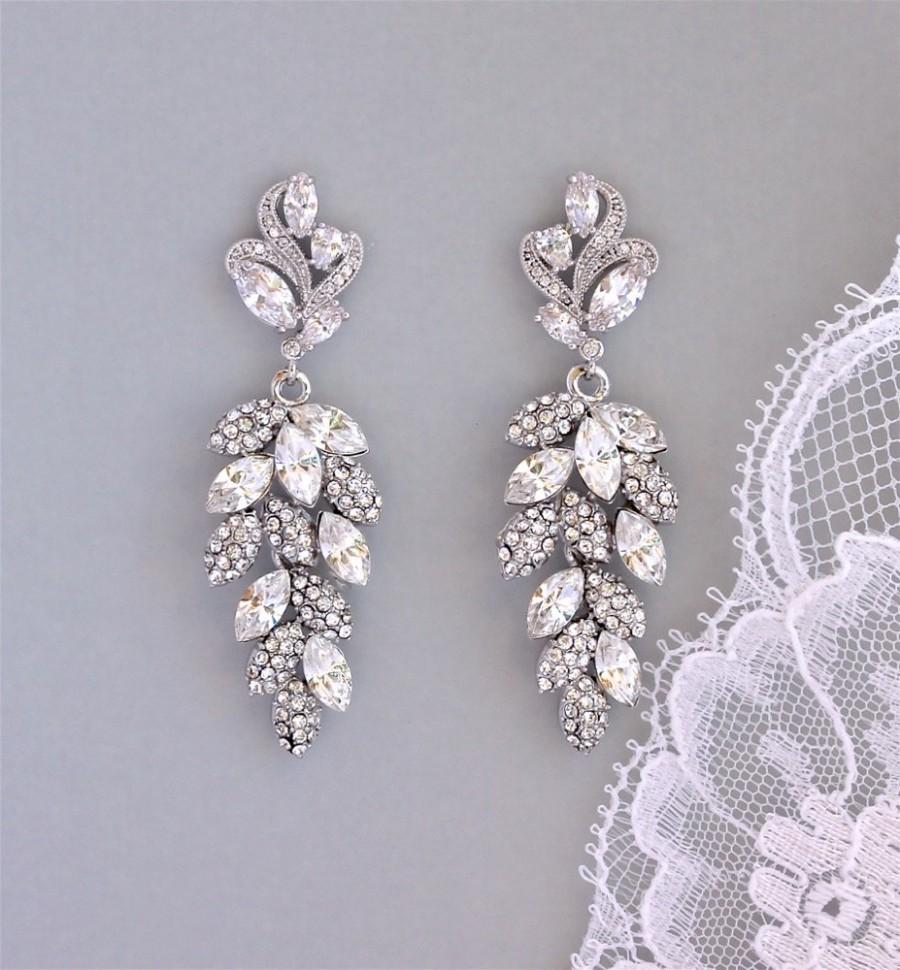 Hochzeit - Bridal Chandelier Earrings, Crystal Leaf Earrings, SILVER or GOLD Earring Option, Bridal Jewelry, Wedding Jewelry, EMERALD