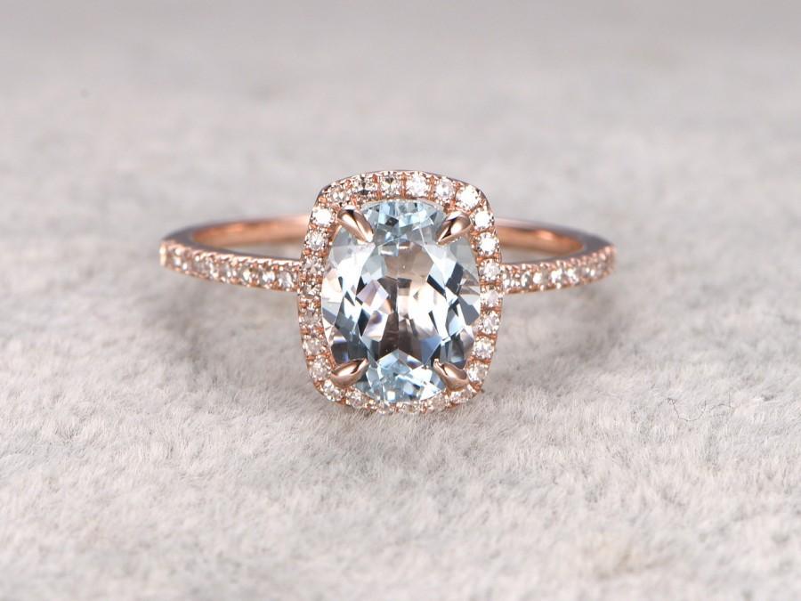 زفاف - Oval 6x8mm Aquamarine Engagement ring,Diamond wedding band,14K Rose Gold,Blue Gemstone Promise Ring,Bridal Ring,Claw Prongs,Cushion Halo
