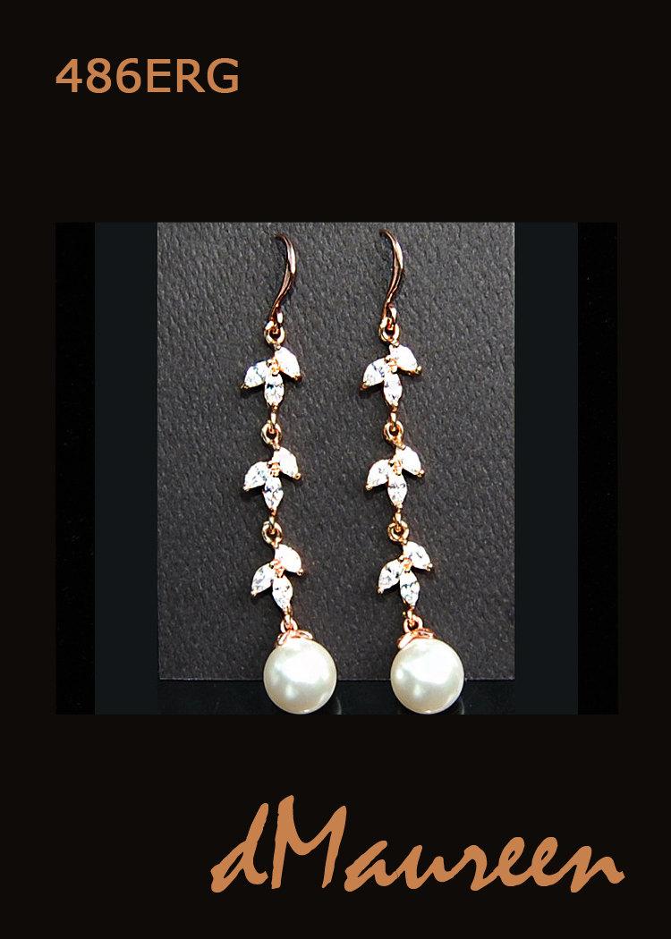 Свадьба - White Bridal Pearls 486ERG. Rose Gold CZ Bridal Earrings. White Pearls on rose gold earrings. White Wedding Jewelry. Long Dangle Earrings.