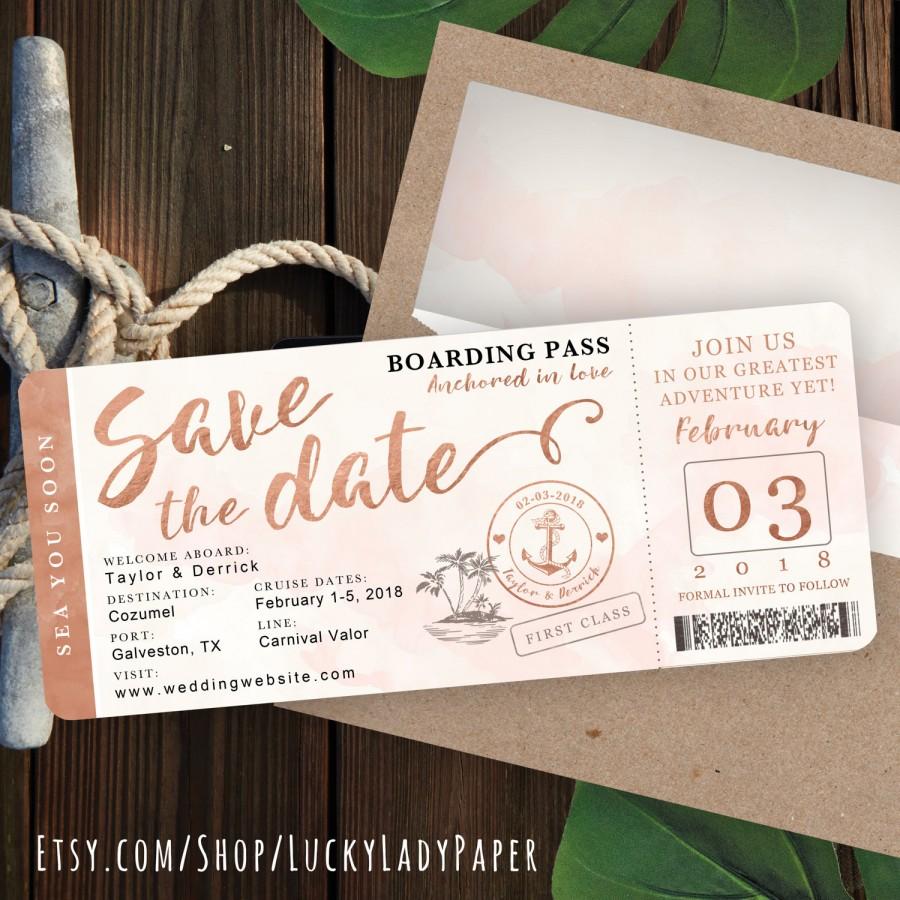 زفاف - Rose Gold Watercolor Destination Nautical Cruise Wedding Boarding Pass Save The Date by Luckyladypaper - see Item Details Tab to order