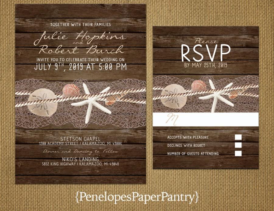 Mariage - Destination Beach Wedding Invitations,Sea Shells,Star Fish,Nautical,Ocean,Rustic Wood Background,Simple,Opt RSVP,Customizable with Envelopes