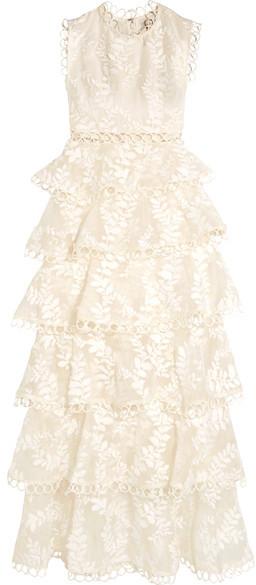 Mariage - Zimmermann - Winsome Lace-trimmed Tieredembroidered Silk Maxi Dress - Ivory