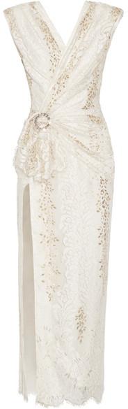 Hochzeit - Alessandra Rich - Wrap-effect Crystal-embellished Metallic Lace Gown - Ecru