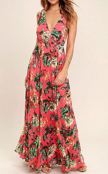 Wedding - Countryside Manor Coral Red Floral Print Maxi Dress
