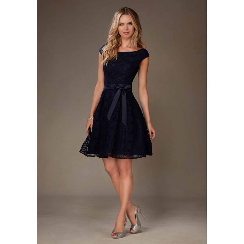 Mariage - Lace Soft Dark Blue Short Sash Scoop Neck Bridesmaid Dress Cap Sleeve - dressosity.com