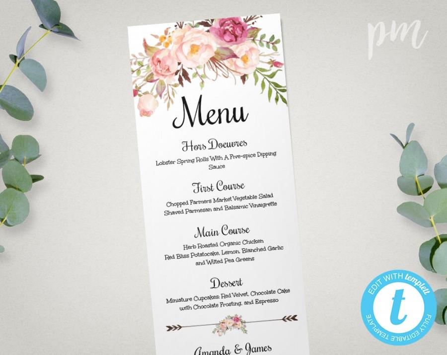 Свадьба - Wedding Menu Template, Printable Menu, Floral Wedding Menu Template, Wedding Dinner Menu, Instant Download, Edit in Our Web App