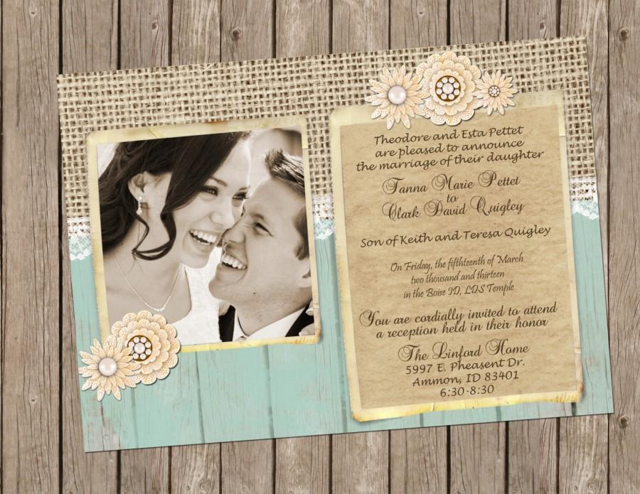 Mariage - Rustic Wedding Invitation in Sea Foam Green with Burlap, Lace and Vintage Brooch - printable 5x7