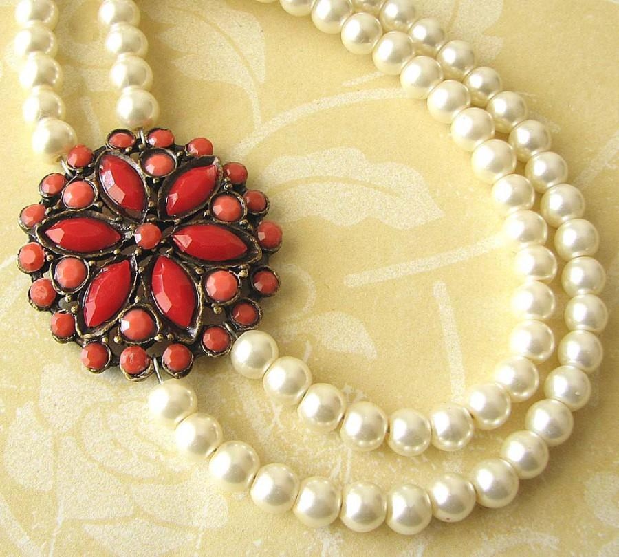 Свадьба - Bridal Jewelry Statement Necklace Red Coral Jewelry Wedding Necklace Bridesmaid Jewelry Pearl Necklace Wedding Jewelry