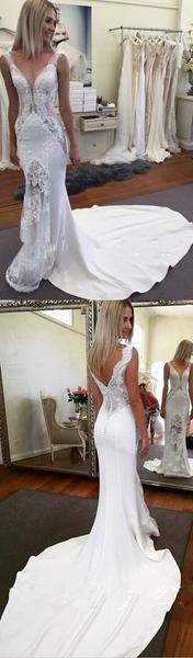 Mariage - Sexy V Neck White Ivory Mermaid Lace New Design Wedding Dresses , Wedding Gown, PD0275