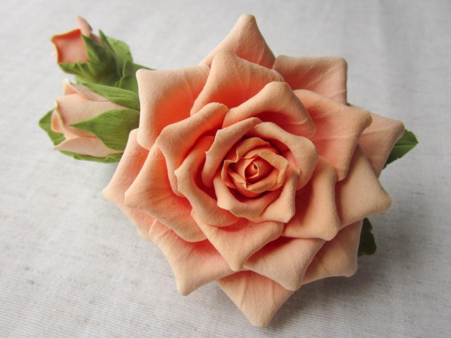 زفاف - Hair barrette polymer clay flower. Cream rose with buds on a barrette.