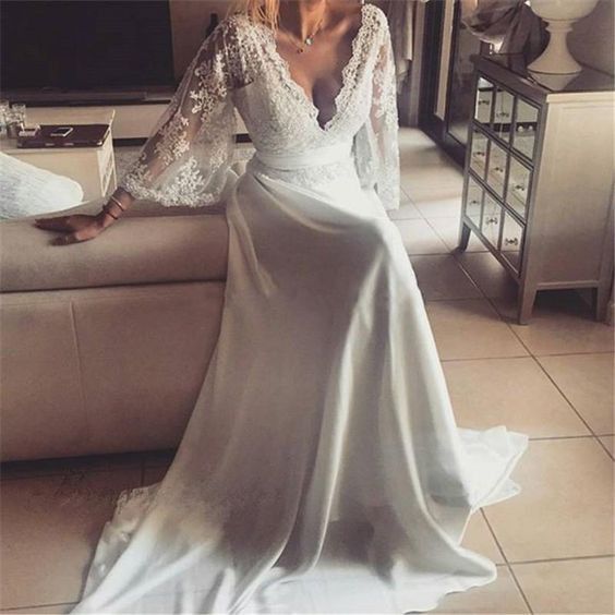 زفاف - Boho Style Long Sleeve V-neck Long A-line Lace Chiffon Wedding Dresses, WD0096