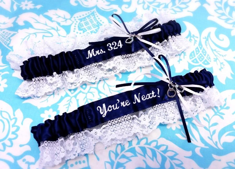 Свадьба - lacy Navy and white Police Wife garter set, You're next garter set, fine line garter, handcuffs wedding garter, Police garter, badge number