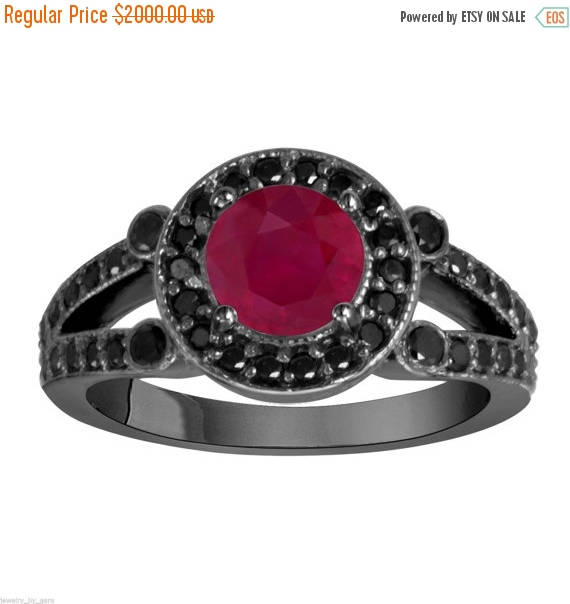 Hochzeit - ON SALE Ruby & Black Diamond Engagement Ring Vintage Style 14k Black Gold 1.80 Carat Unique Halo HandMade