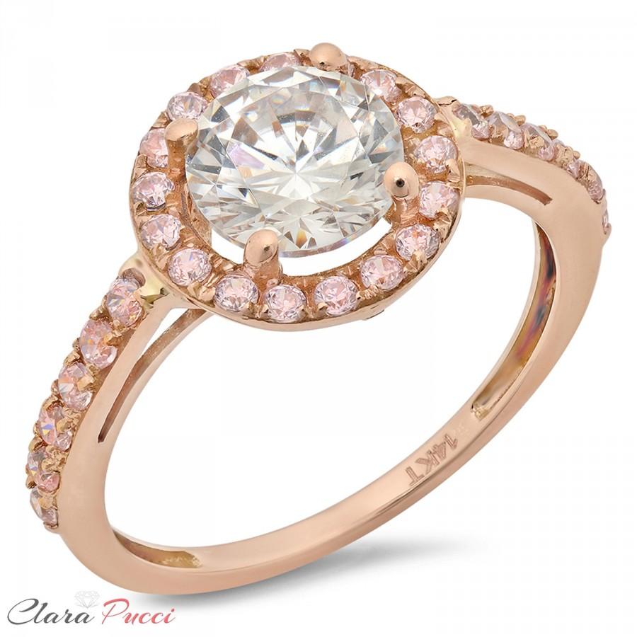 زفاف - 2.30 Ct SIMULATED DIAMOND Engagement Ring Round Cut Halo Solid 14k Rose Gold Bridal Band Mother's Day Gift