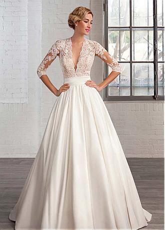 زفاف - [185.99] Marvelous Tulle & Satin Queen Anne Neckline A-line Wedding Dresses With Lace Appliques - Dressilyme.com