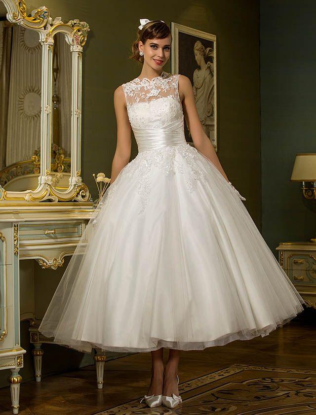 زفاف - LAN TING BRIDE Princess Wedding Dress - Reception See-Through Ankle-length Jewel Tulle With Appliques Button Sash / Ribbon