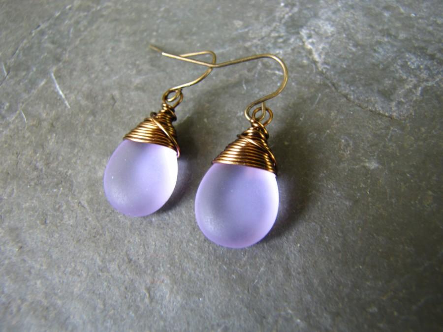 Hochzeit - Lilac purple seaglass earrings,  Teardrop wire wrapped earrings, wedding jewelry, bridesmaid's gift teardrop  earrings Bridal Jewelry
