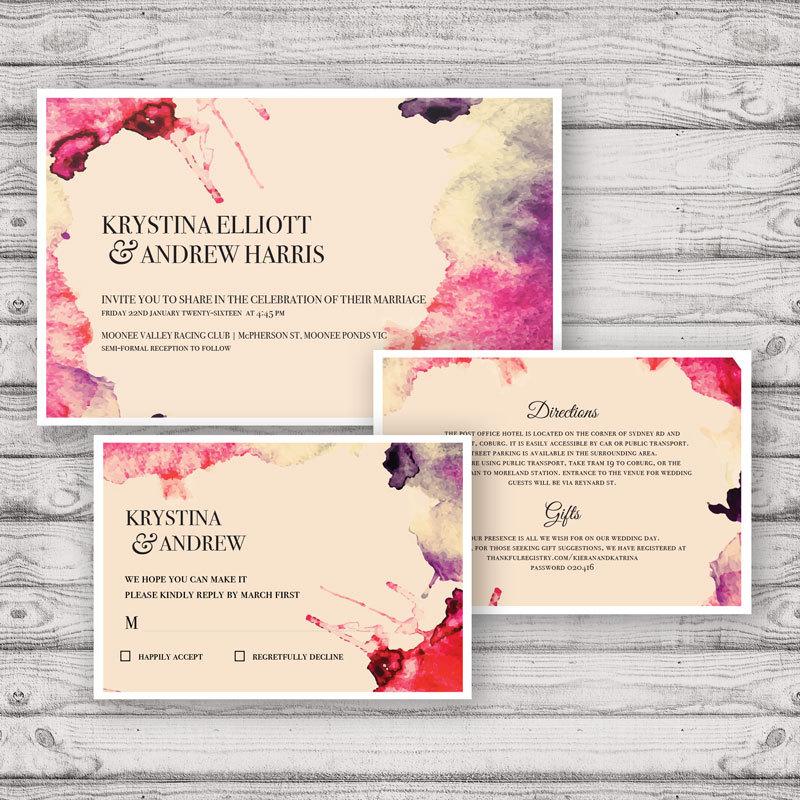 Mariage - Watercolour Wedding Invitation Suite - Print at Home Files or Printed Invitations - Splashed In Watercolor Personalised Wedding Invite Suite