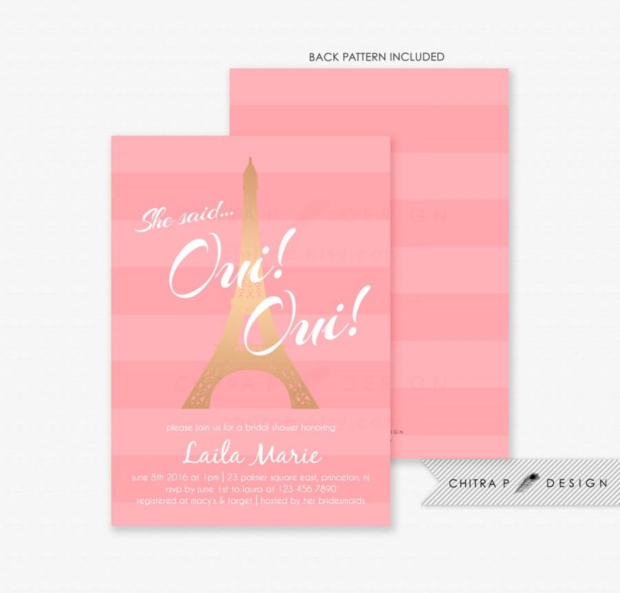 Wedding - Paris Bridal Shower Invitations - Printed, Pink French Baby Shower Couples Engagement Parisian Eiffel Tower Gold White Blush Striped - #035