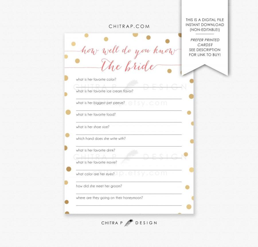 زفاف - How Well Do You Know The Bride Bridal Shower Game - Printed or Printable, Pink Coral Gold Instant Download Pop Fizz Clink Bridal Brunch #013
