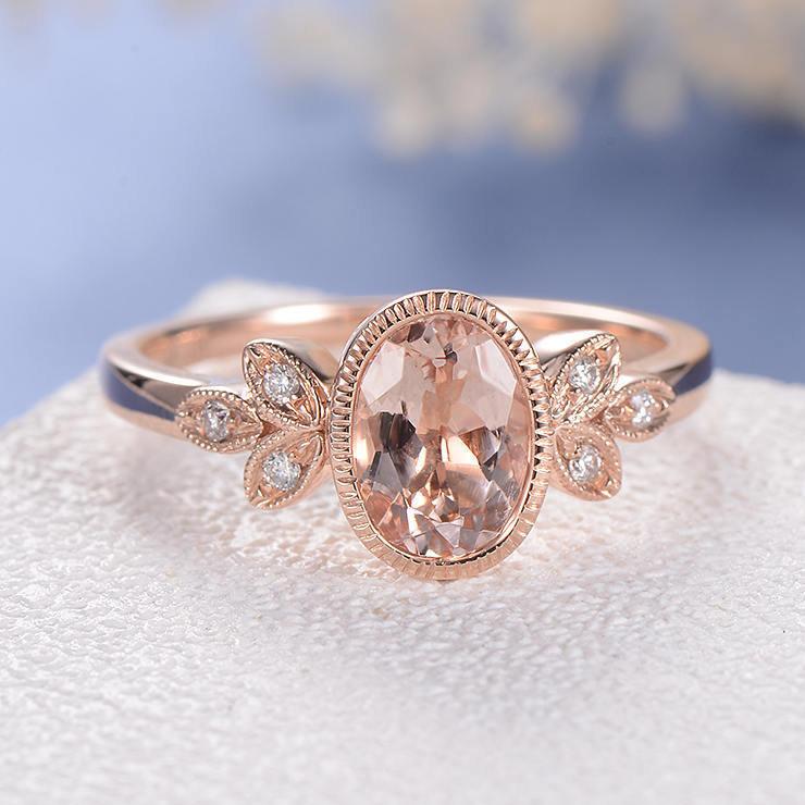 Mariage - Antique Morganite Engagement Ring Delicate Oval Cut Morganite Ring Rose Gold Wedding Ring Flower Leaf Milgrain Bezel Set Anniversary Bridal