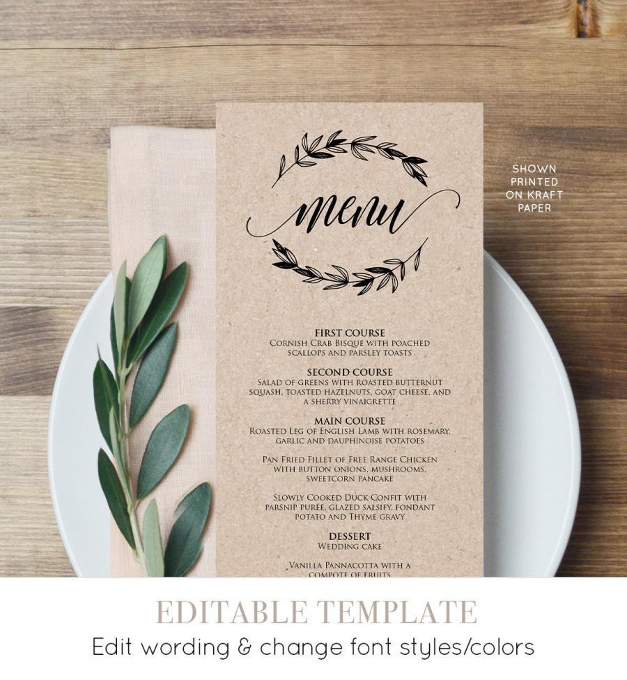 Mariage - Rustic Wedding Menu Template, Printable Menu Card, Editable Text, Instant Download, DIY Wedding Reception Menu, Digital PDF File  #023-113WM