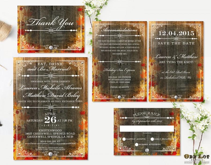 Свадьба - Rustic Fall Wedding Invitation Set Wedding Stationery Fall Wedding Autumn Leaves DIY Rustic Fall Wedding Set Digital Files
