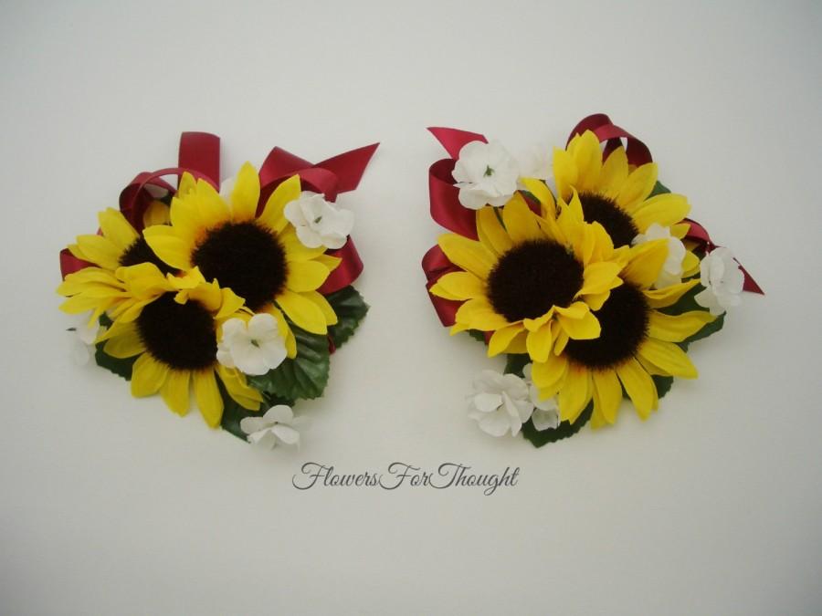 Свадьба - Sunflower Wrist or Pin Corsage w. Burgundy Ribbon, Wedding Decoration, Prom, 1 special occasion corsage