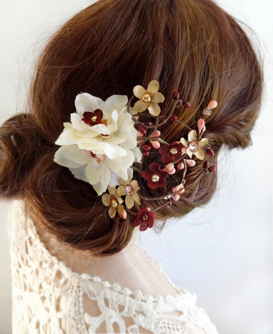 Hochzeit - burgundy hair piece, burgundy hair flower, burgundy hair clip, ivory hair flower, bridal hair piece, wedding hair piece, gold wedding
