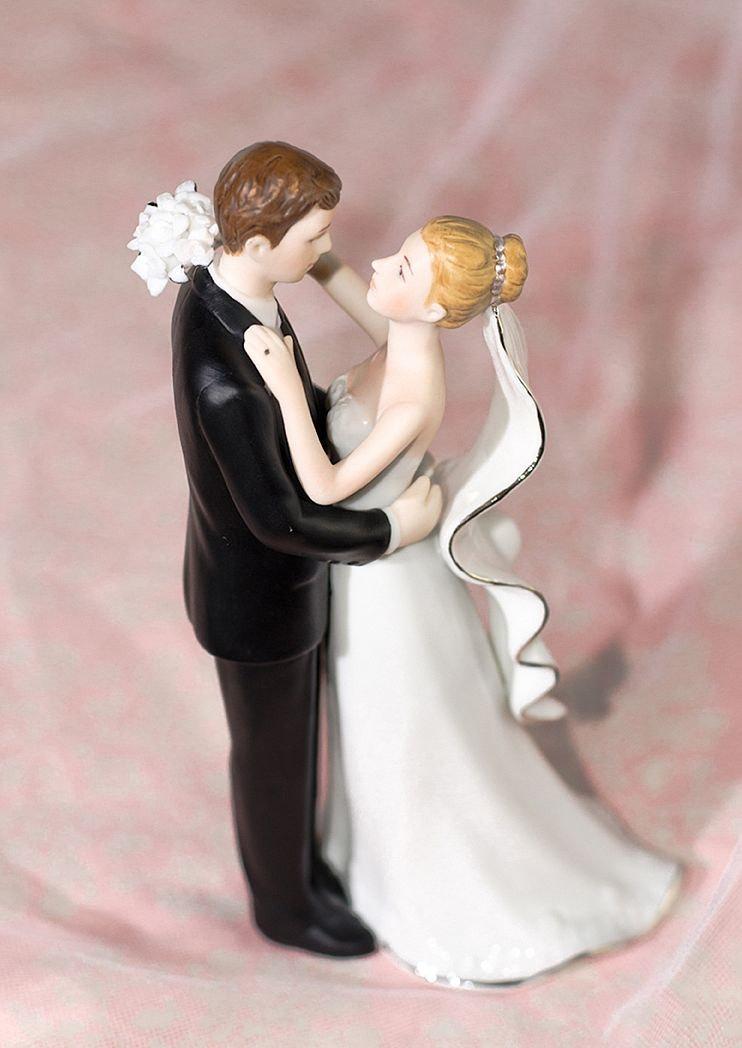 Wedding - White and Silver Porcelain  Cake Topper Figurine - Custom Painted Hair Color Available - 707563