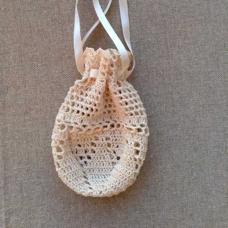 Hochzeit - Drawstring bag wedding purse bride bridal pouch cream ecru ivory vintage theme bridesmaid crochet
