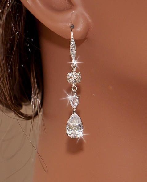 Hochzeit - JESS - White Gold CZ And Rhinestones Bridal Earrings