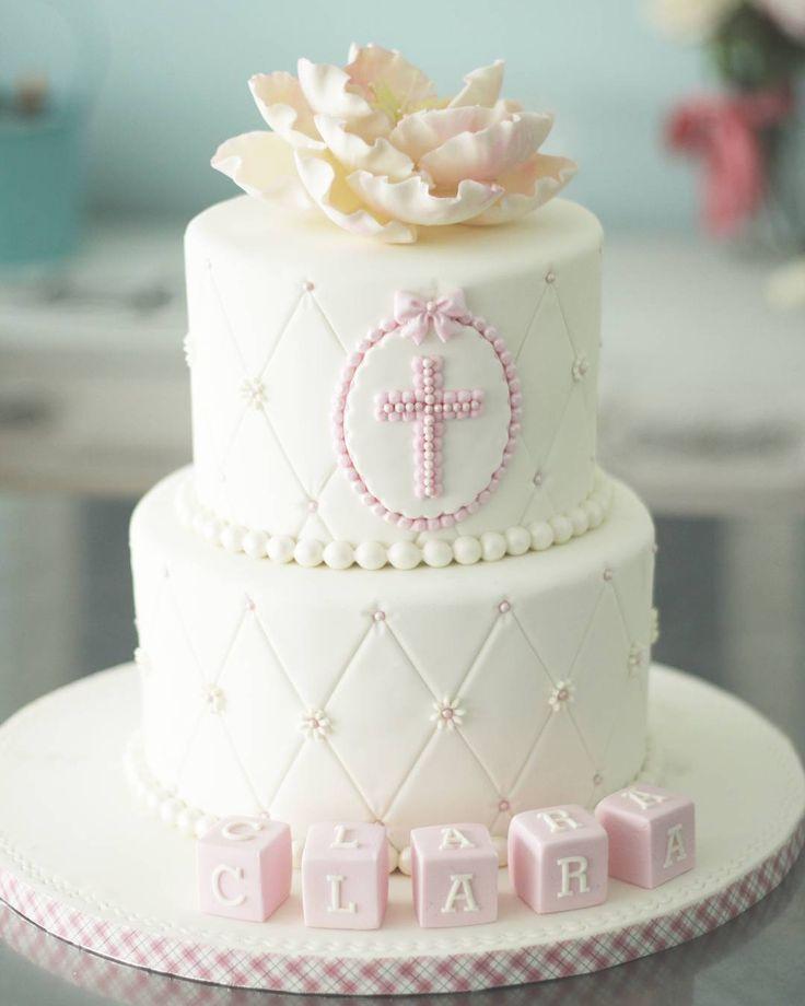 Hochzeit - FabCakelady Darlene On Instagram: “Baptism Cake For Sweet Clara.  #baptismcake #cakelove #fondantcake #satinice #babygirl #cakedecorating #gumpasteflower #cakesdecor”