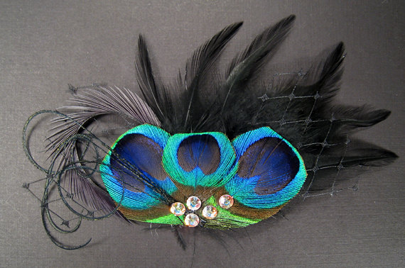 زفاف - Gothic mini veil black feather headpieces peacock eye dark birdcage goth bird cage veil feathers hair pieces