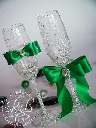 Wedding - White & emerald, wedding champagne flutes, country, toasting glasses, crystals, gift ideas, bride and groom, lace, luxury traditional 2pcs
