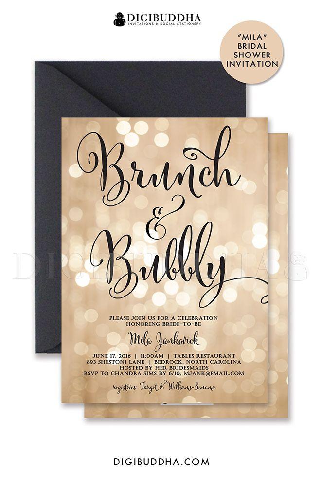 Wedding - BOKEH BRUNCH & BUBBLY Invitation Champagne Bridal Shower Gold Sparkle Printable Black Calligraphy Free Shipping Or DiY Printable - Mila