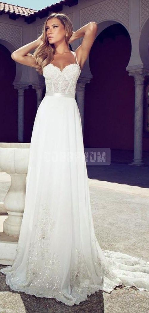 Mariage - A-line Chiffon Spaghetti Straps Corset Lace Bodice Wedding Dress