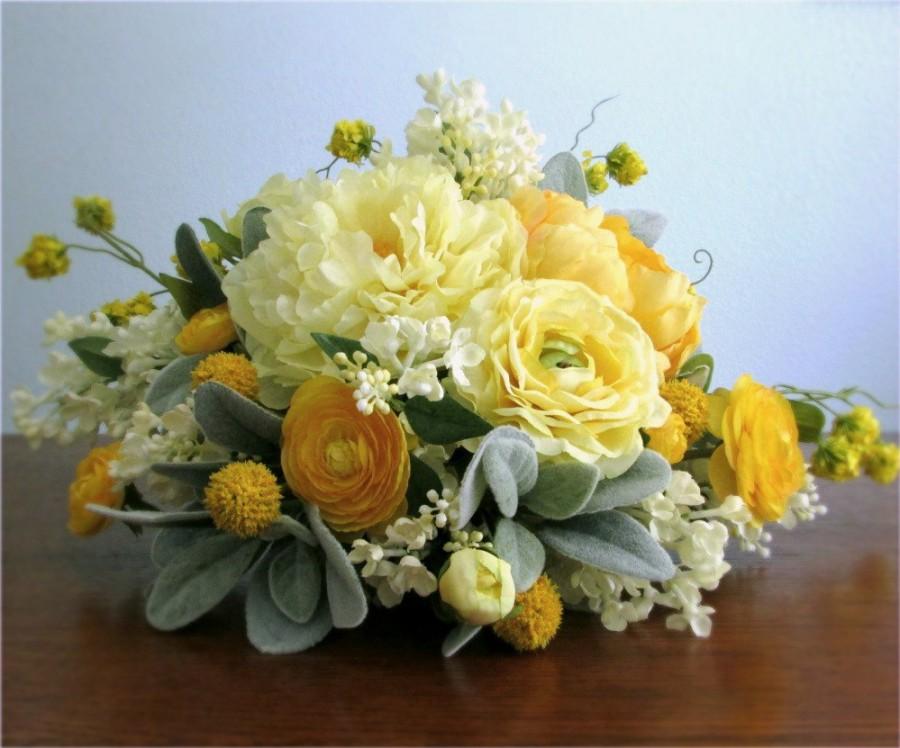 زفاف - Yellow, Silver Grey, and Ivory Cascading Silk Flower Bridal Bouquet, Boutonniere, Peonies, Ranunculus, Lilacs, Billy Button, "Lively"