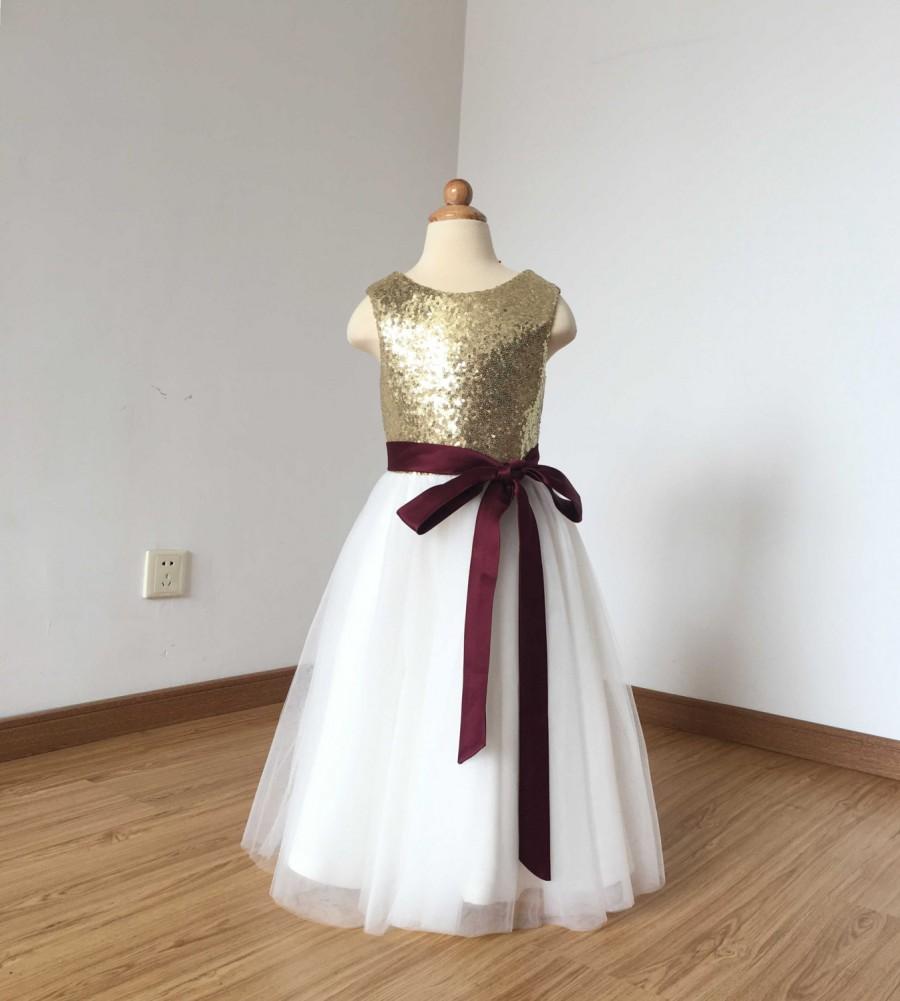 Hochzeit - Floor-length Light Gold Sequin Ivory Tulle Flower Girl Dress 2017 with Burgundy Sash