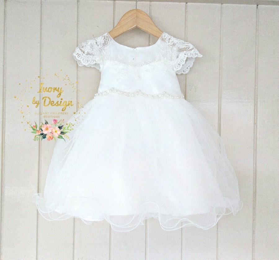 Wedding - Ivory soft White Lace baby Girls Christening Dress  Baptism Dress Capp Sleeve Pearl bead Waist matching baby hat