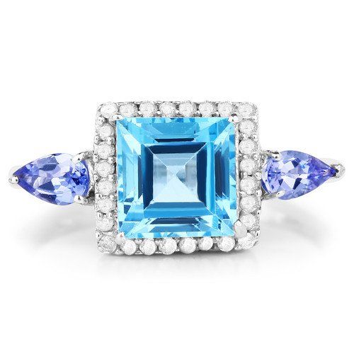 Wedding - Perfect Natural 6.40CT Princess Cut Genuine Swiss Blue Topaz Tanzanite And Diamond Ring 10K White Gold