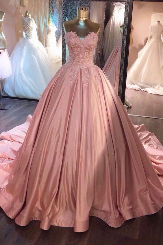 Wedding - Sweetheart Lace Appliques Pink Satin Long Strapless A-line Prom Dress, Ball Gown From QPromdress