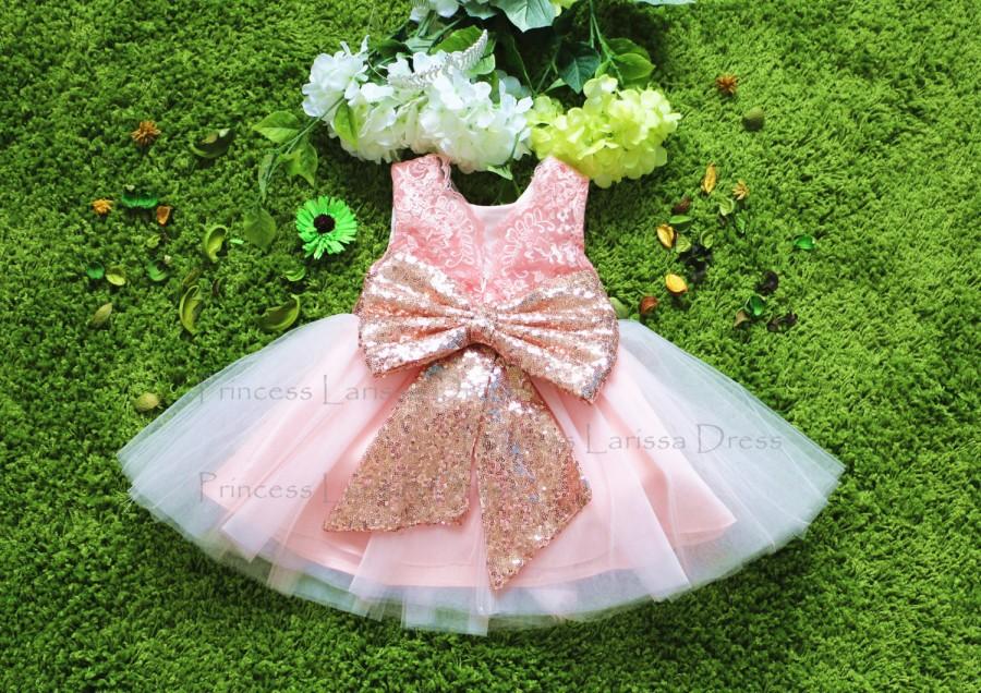 Hochzeit - Rose Gold Sequin Sash Baby Girl Dress, Toddler Fancy Pageant Dress, Baby Birthday Dress, Infant Dress, PD111-2