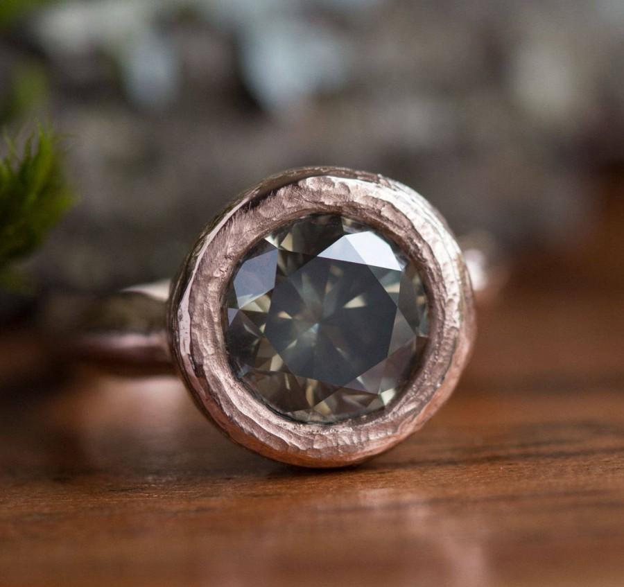 زفاف - 3.5ct Green Grey Diamond Engagement Ring in 18k Rose Gold hand carved bezel setting by Anueva Jewelry - Recycled Gold- 3ct - Organic Jewelry