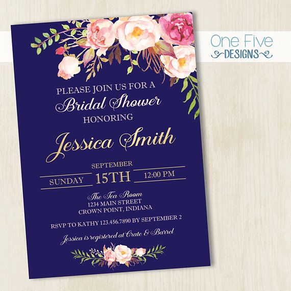 Hochzeit - Navy Gold Pink Bridal Shower Invitation With Flowers - Printable (5x7)