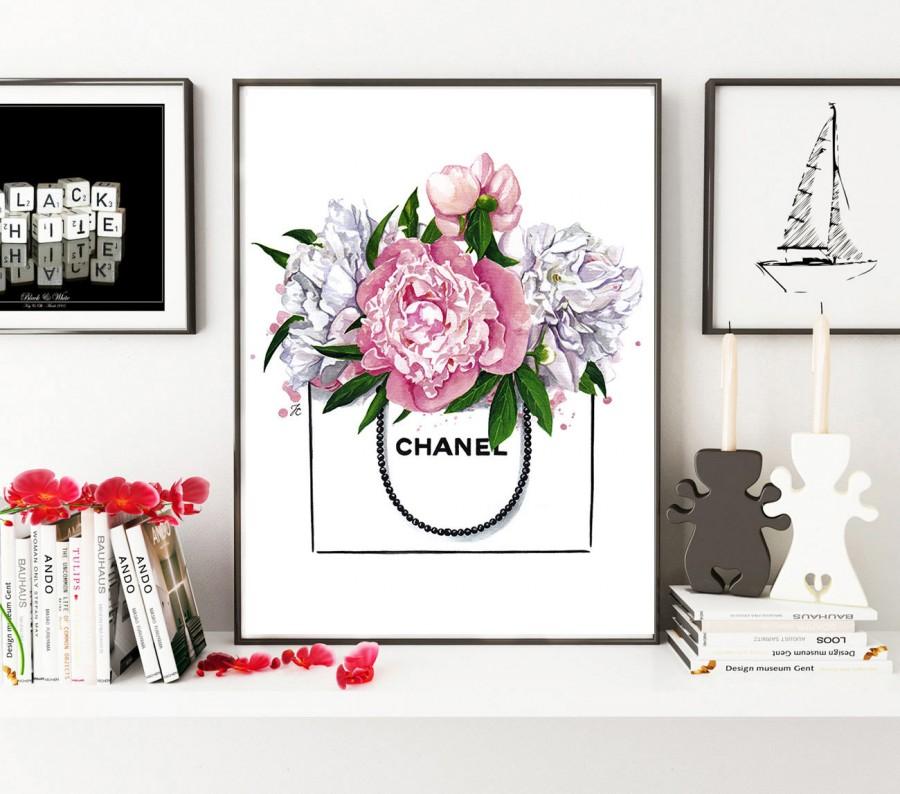 Wedding - Chanel illustration, Peony print, Peonies print, Fashion illustration, Chanel print, Chanel art print, Peonies flower art,Watercolor flowers